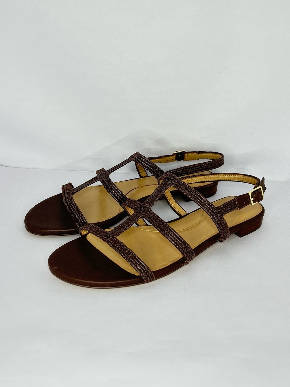 Talbots KERI T-STRAP Corded Leather Raffia Sandals Size 9.5 Brown NWOB Strappy